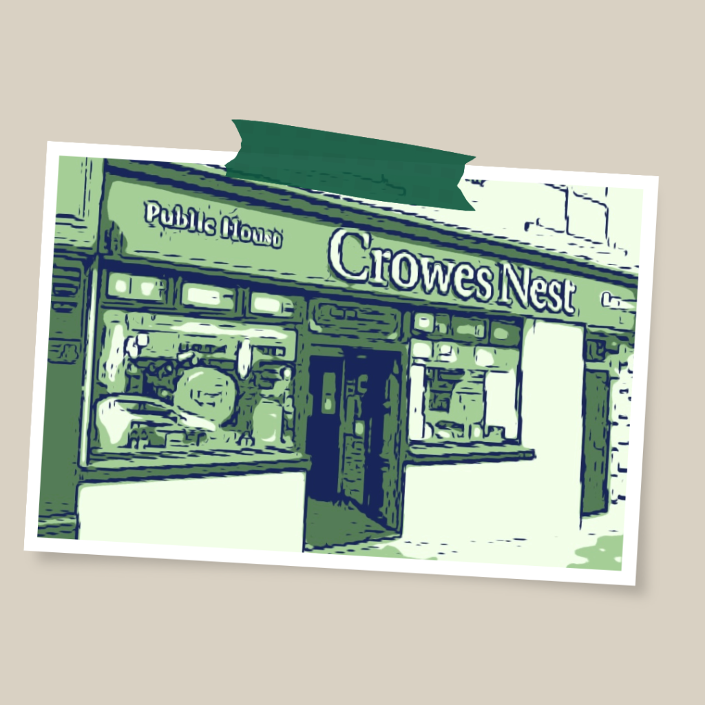 postcard with cartoon image of crowes exterior and green tape Crowes Nest Enniskillen Hiistory - places t