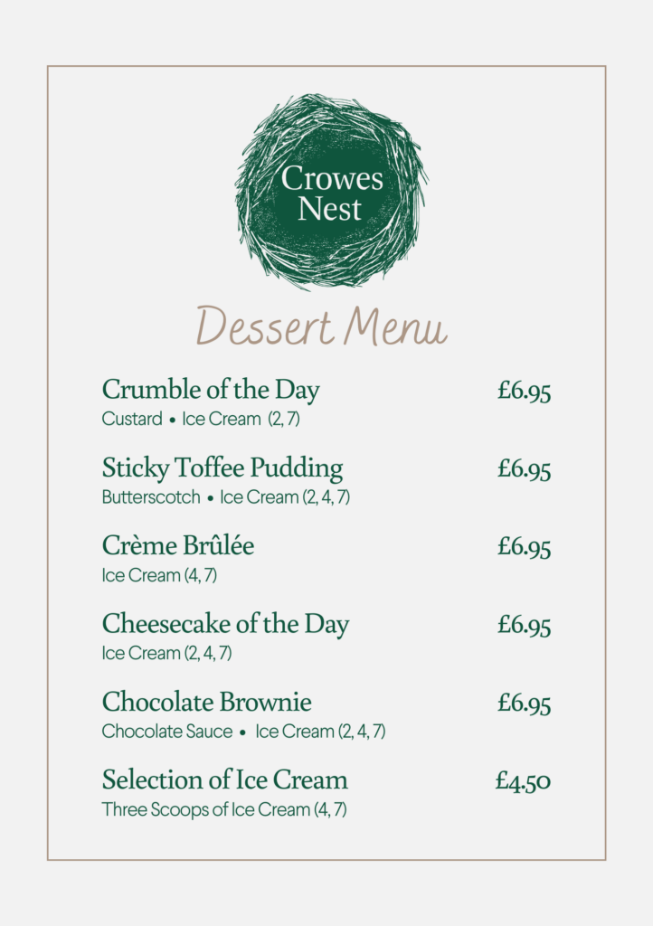Crowes Nest Dessert Menu
