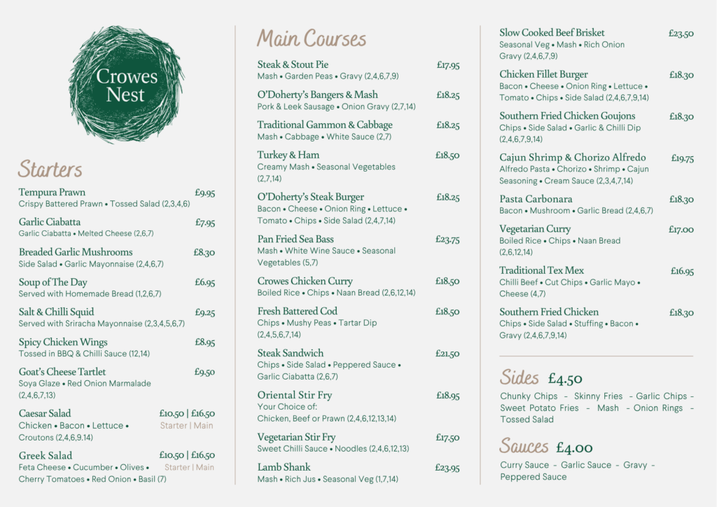 Crowes Nest Evening Menu April 2026
