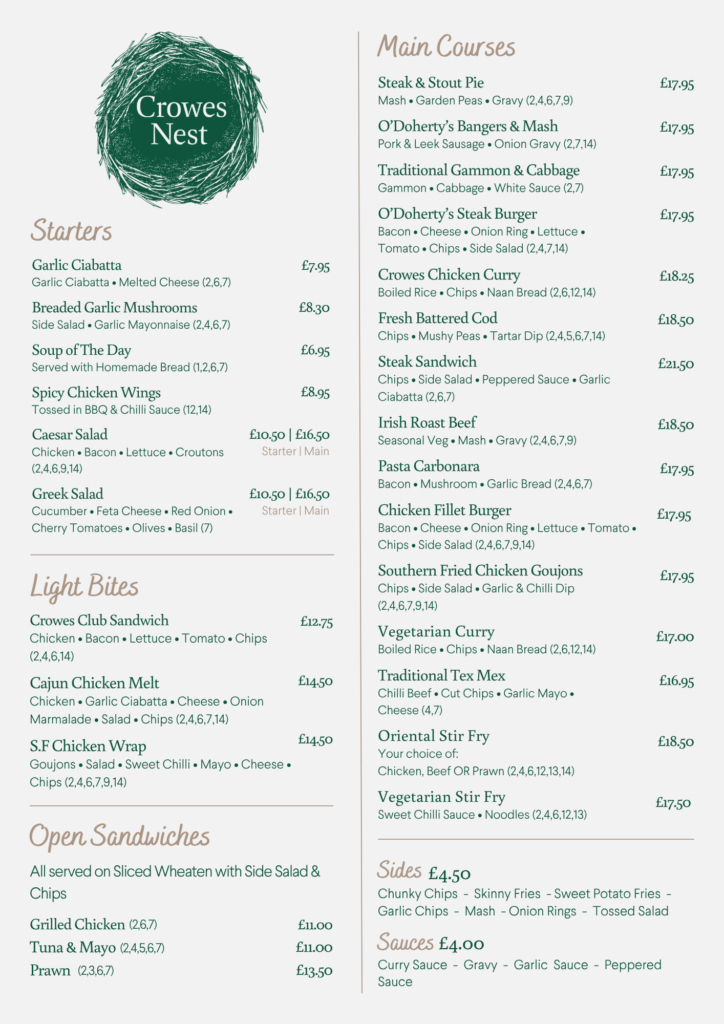 Crowes Nest Lunch Menu April 2026